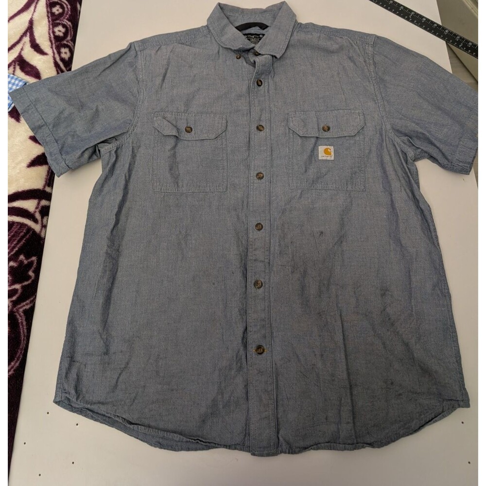 Carhartt Loose Fit Shirt Men Large Blue Short Sleeve Distressed Stained